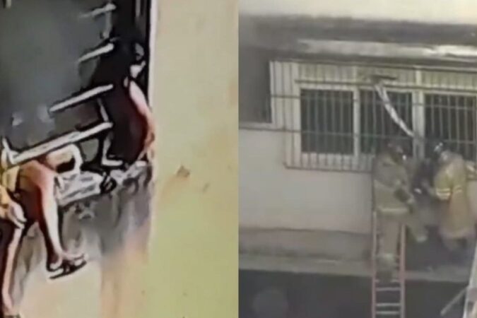 Imagem mostra incêndio na Maximus Confecções, em Ramos, com fumaça negra saindo do prédio.