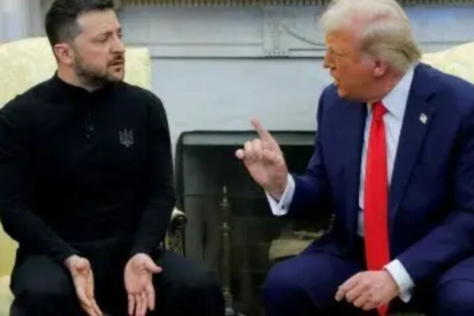 Donald Trump e Volodymyr Zelensky em reunião tensa na Casa Branca.