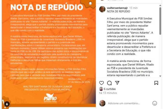 PSB de Simões Filho emite nota de repúdio contra publicação falsa