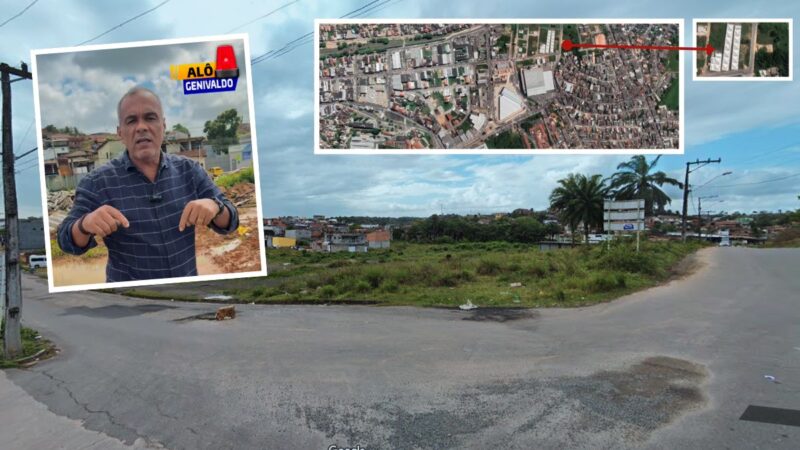 Imagem da área onde casa de fogos é construída perto de escola e rede de gás, alvo de denúncia pública.