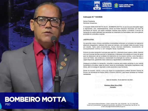 Bombeiro Motta cobra melhorias no transporte da hemodiálise