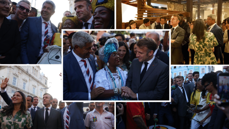 Emmanuel Macron e Jerônimo Rodrigues no Pelourinho durante visita cultural à Bahia