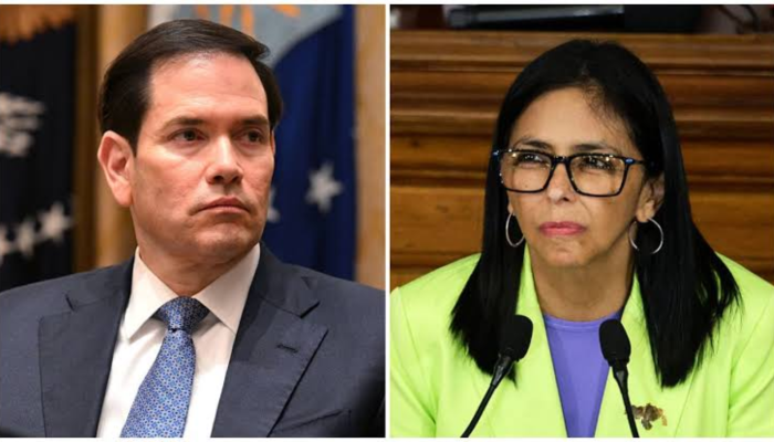 Bandeiras dos Estados Unidos e da Venezuela em meio a tensão política