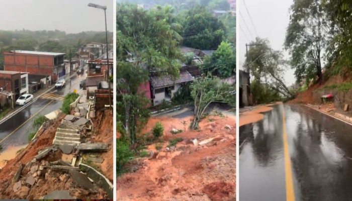 URGENTE: Paredão de contenção desaba na Estrada de Candeias após fortes chuvas